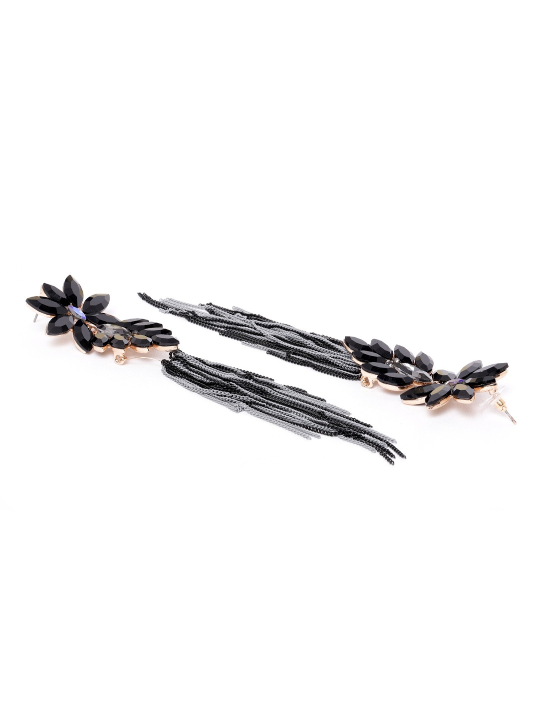 YouBella Black  Grey Stone Studded Contemporary Tasselled Drop Earrings