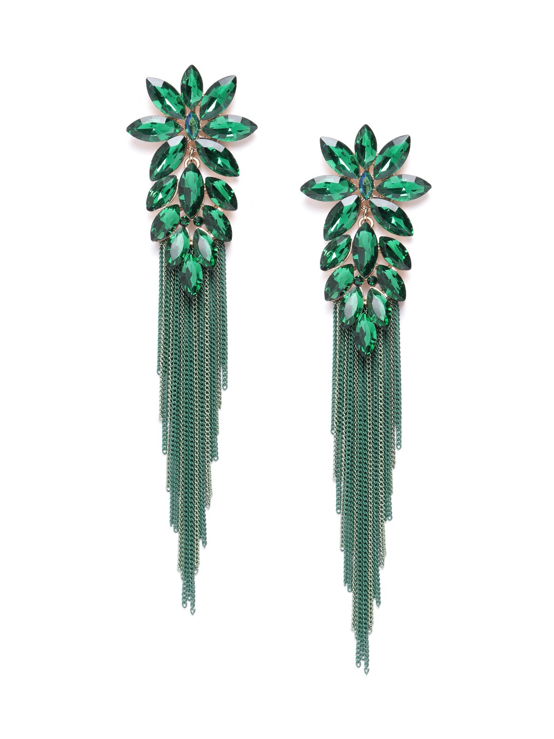 YouBella Green Stone-Studded Tasselled Floral Drop Earrings