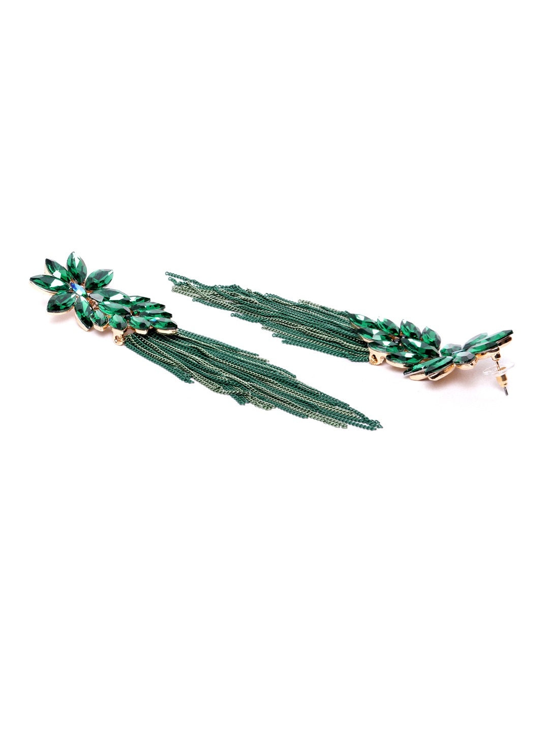YouBella Green Stone-Studded Tasselled Floral Drop Earrings