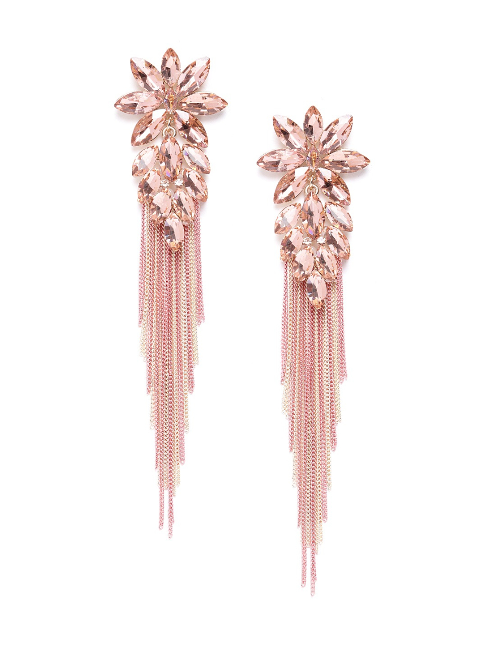 YouBella Peach-Coloured  Gold-Toned Stone-Studded Tasselled Floral Drop Earrings