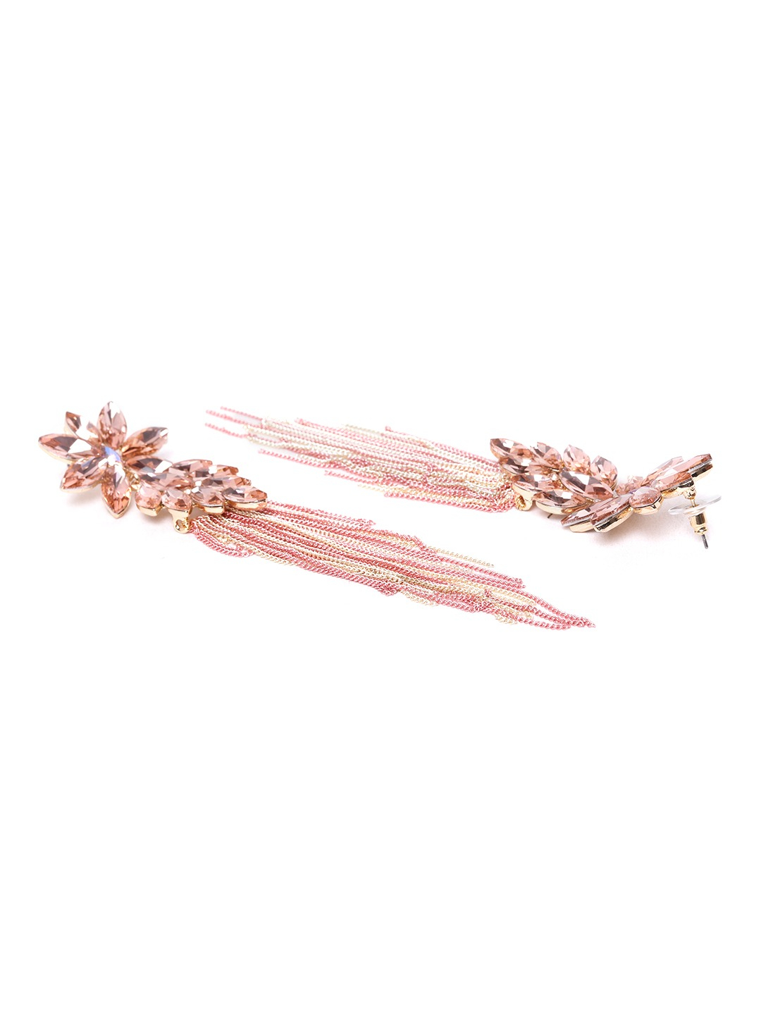 YouBella Peach-Coloured  Gold-Toned Stone-Studded Tasselled Floral Drop Earrings