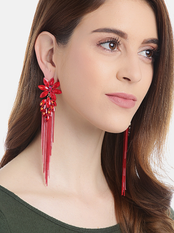 YouBella Red  Pink Stone-Studded Tasselled Floral Drop Earrings
