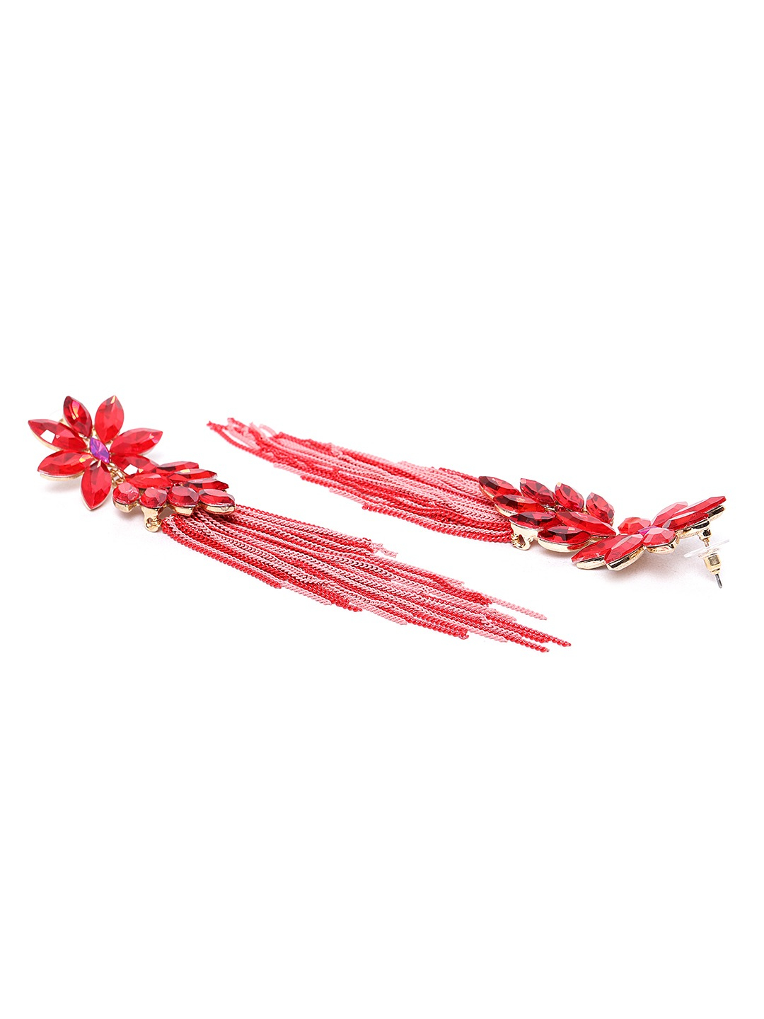 YouBella Red  Pink Stone-Studded Tasselled Floral Drop Earrings