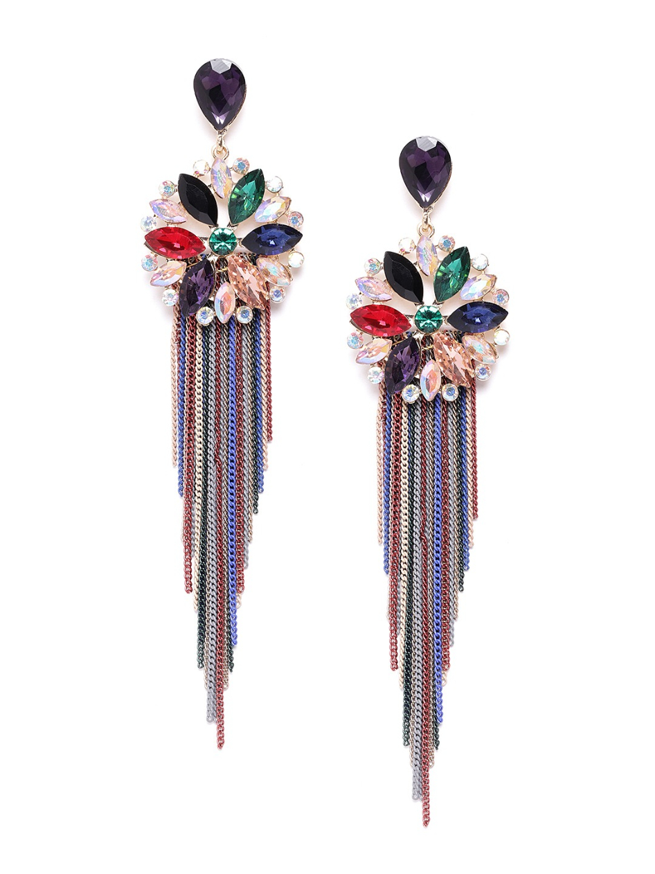 YouBella Navy Blue  Black Floral Tasselled Drop Earrings