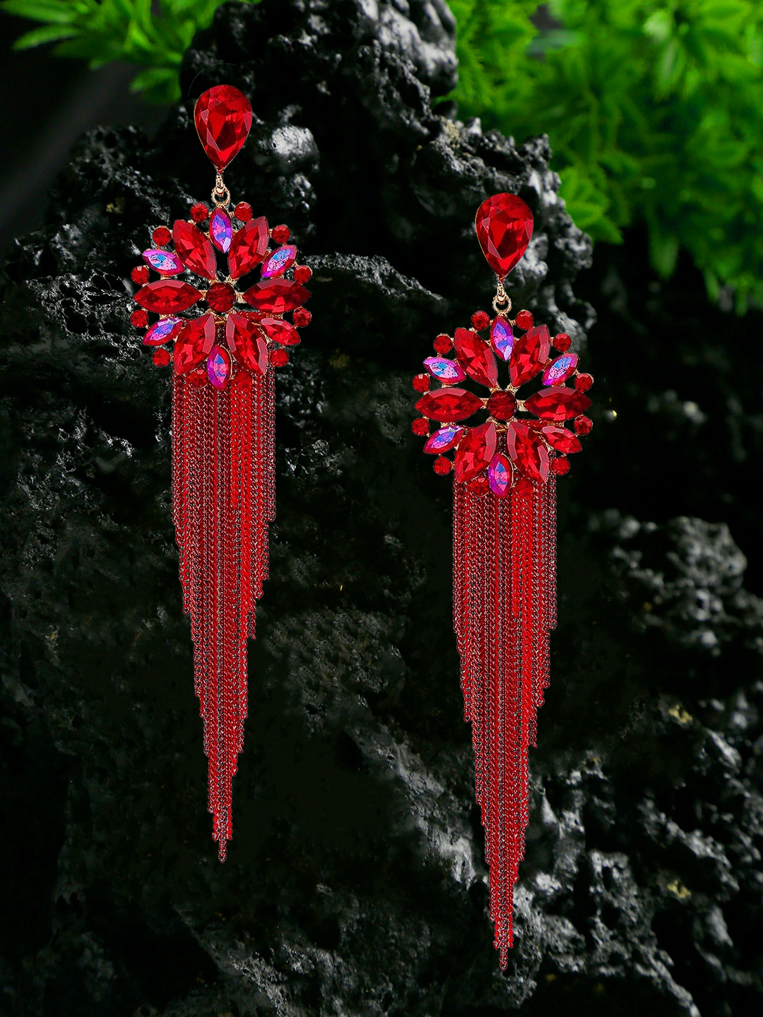 YouBella Jewellery Earrings for women Crystal Tassel Handmade Earrings for Girls and Women (Red)