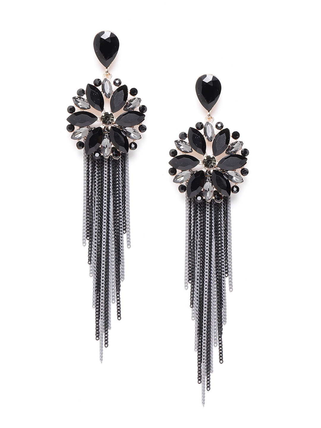 YouBella Black  Grey Stone-Studded Tasselled Floral Drop Earrings