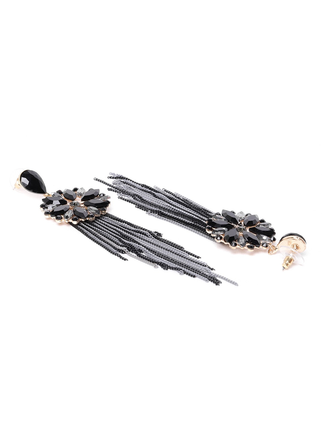 YouBella Black  Grey Stone-Studded Tasselled Floral Drop Earrings