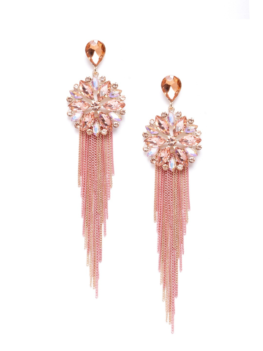 YouBella Peach-Coloured  Gold-Toned Stone-Studded Tasselled Floral Drop Earrings