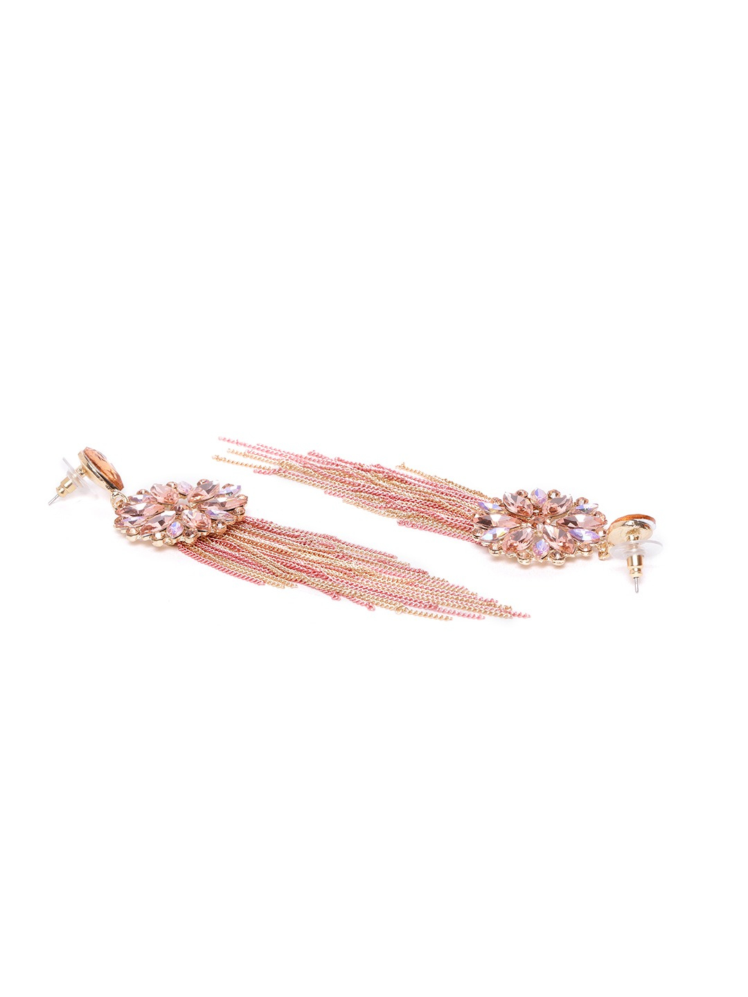 YouBella Peach-Coloured  Gold-Toned Stone-Studded Tasselled Floral Drop Earrings