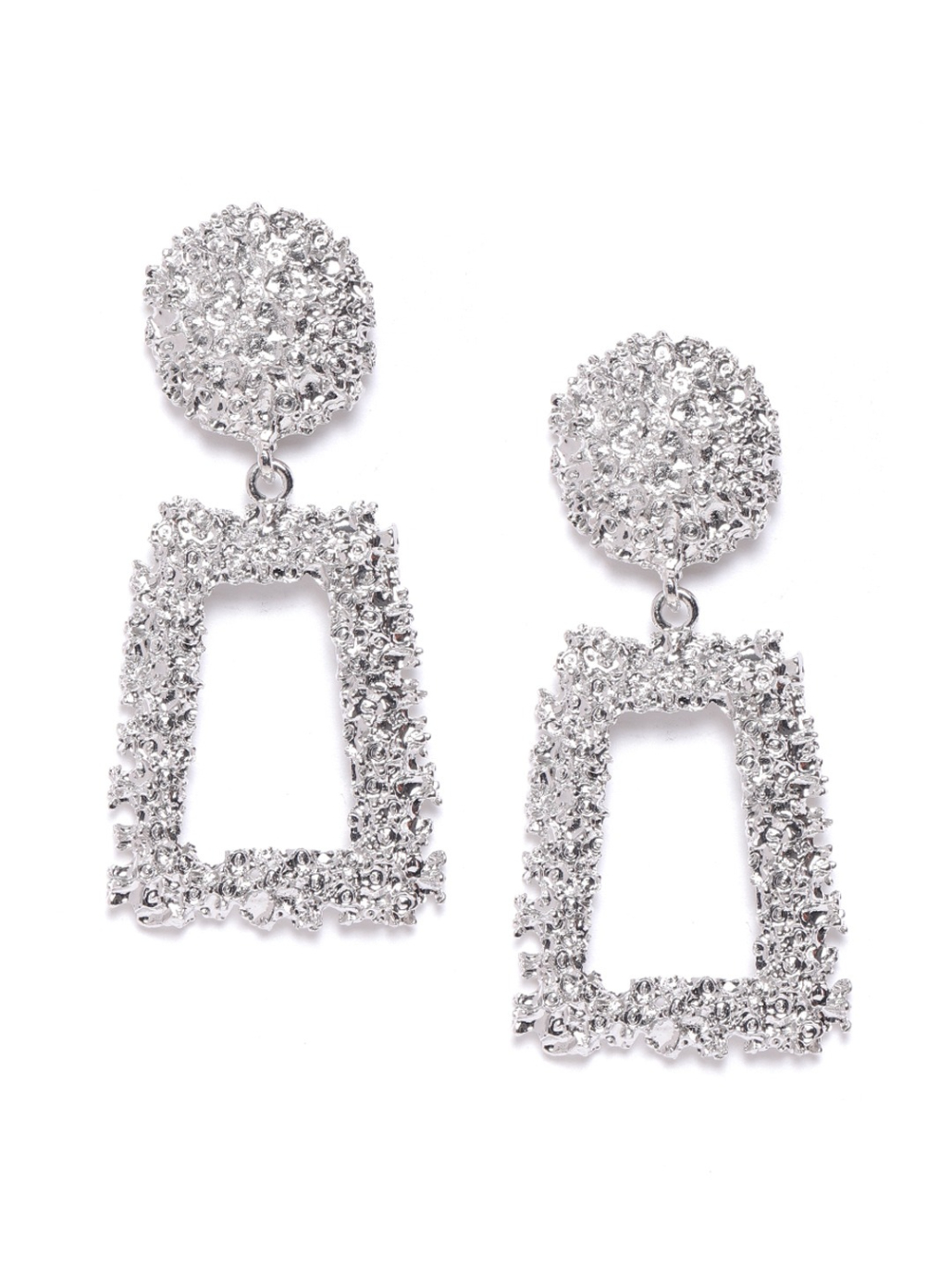 YouBella Silver-Toned Textured Geometric Drop Earrings