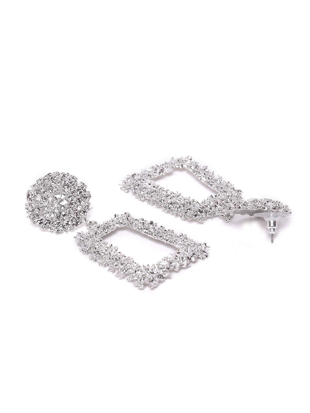 YouBella Silver-Toned Textured Geometric Drop Earrings