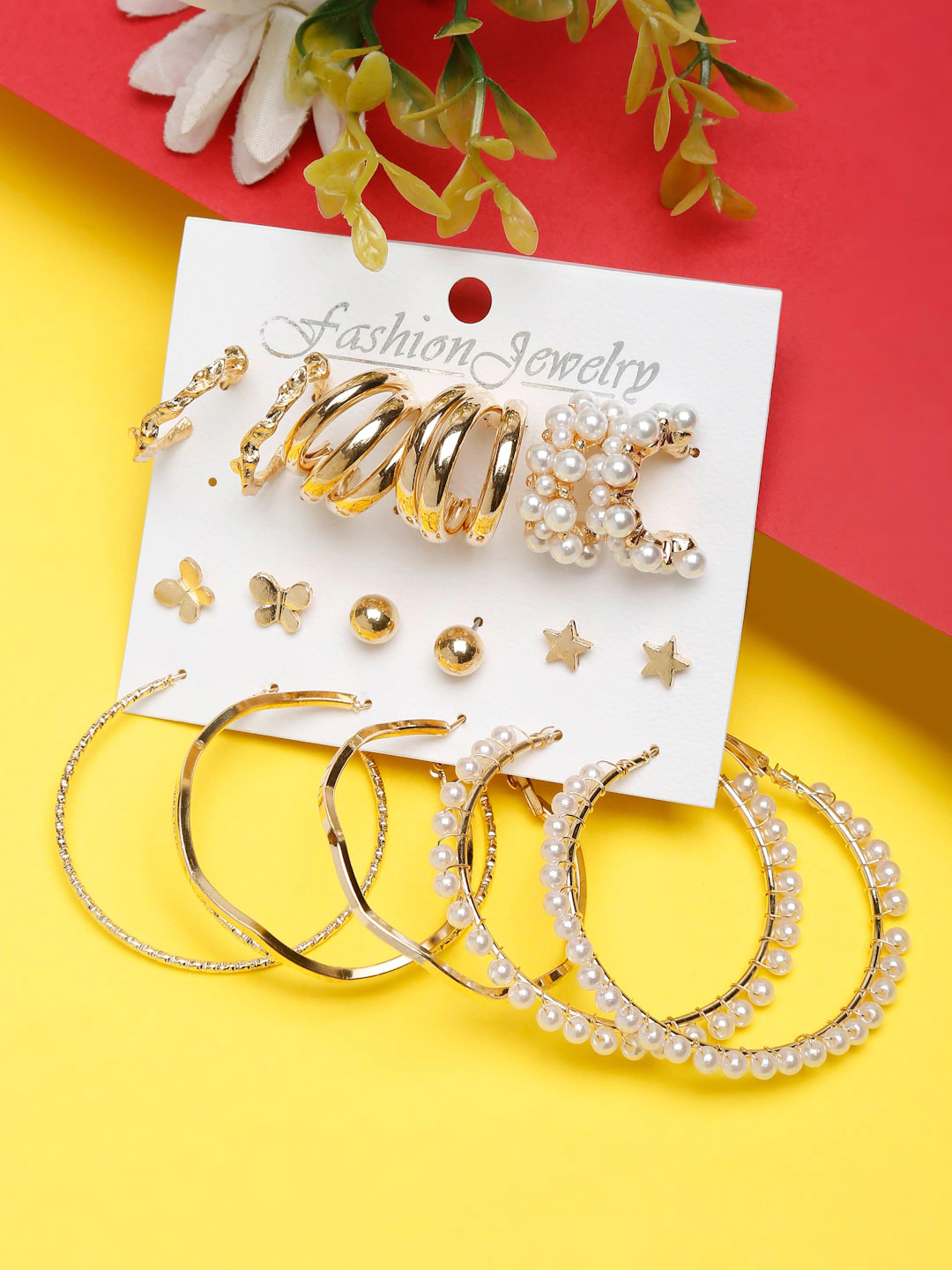 Set Of 9 Gold-Toned & Off White Circular Hoop Earrings