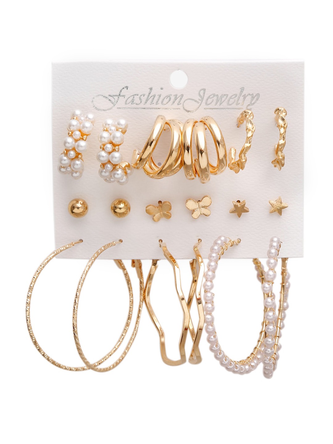 Set Of 9 Gold-Toned & Off White Circular Hoop Earrings