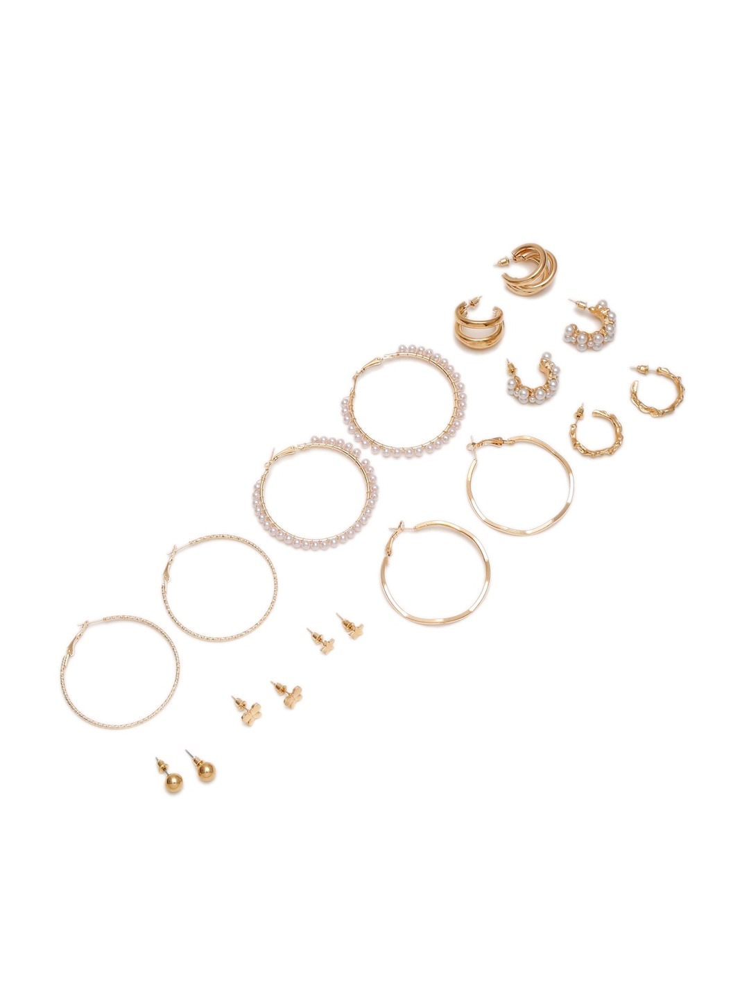 Set Of 9 Gold-Toned & Off White Circular Hoop Earrings
