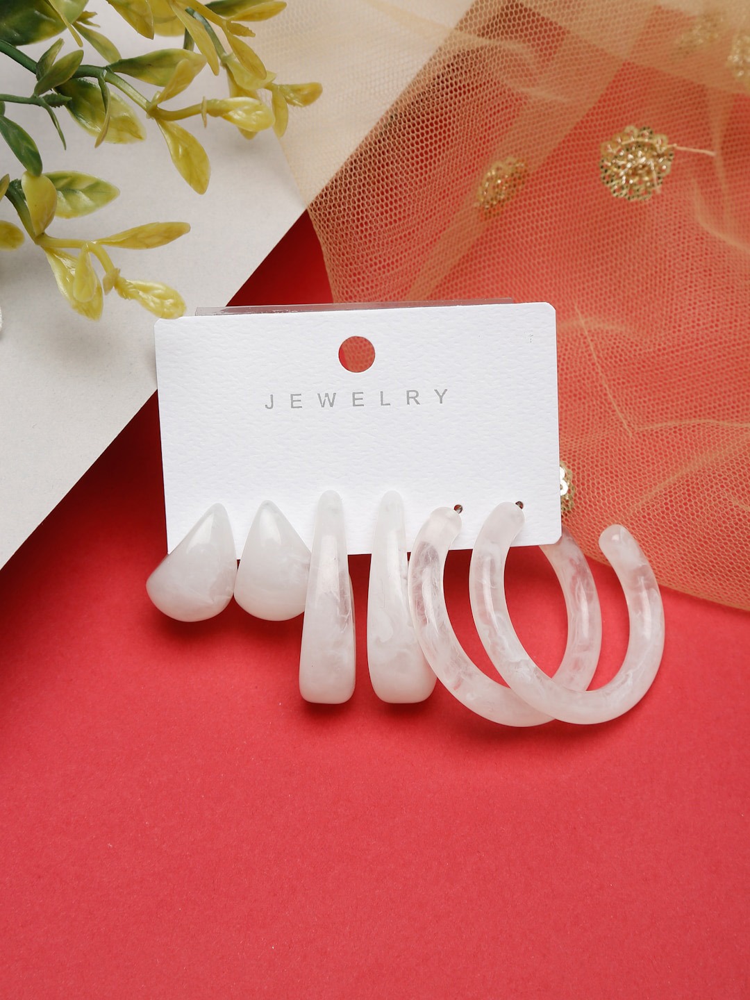 White Set of 3 Contemporary Half Hoop Earrings