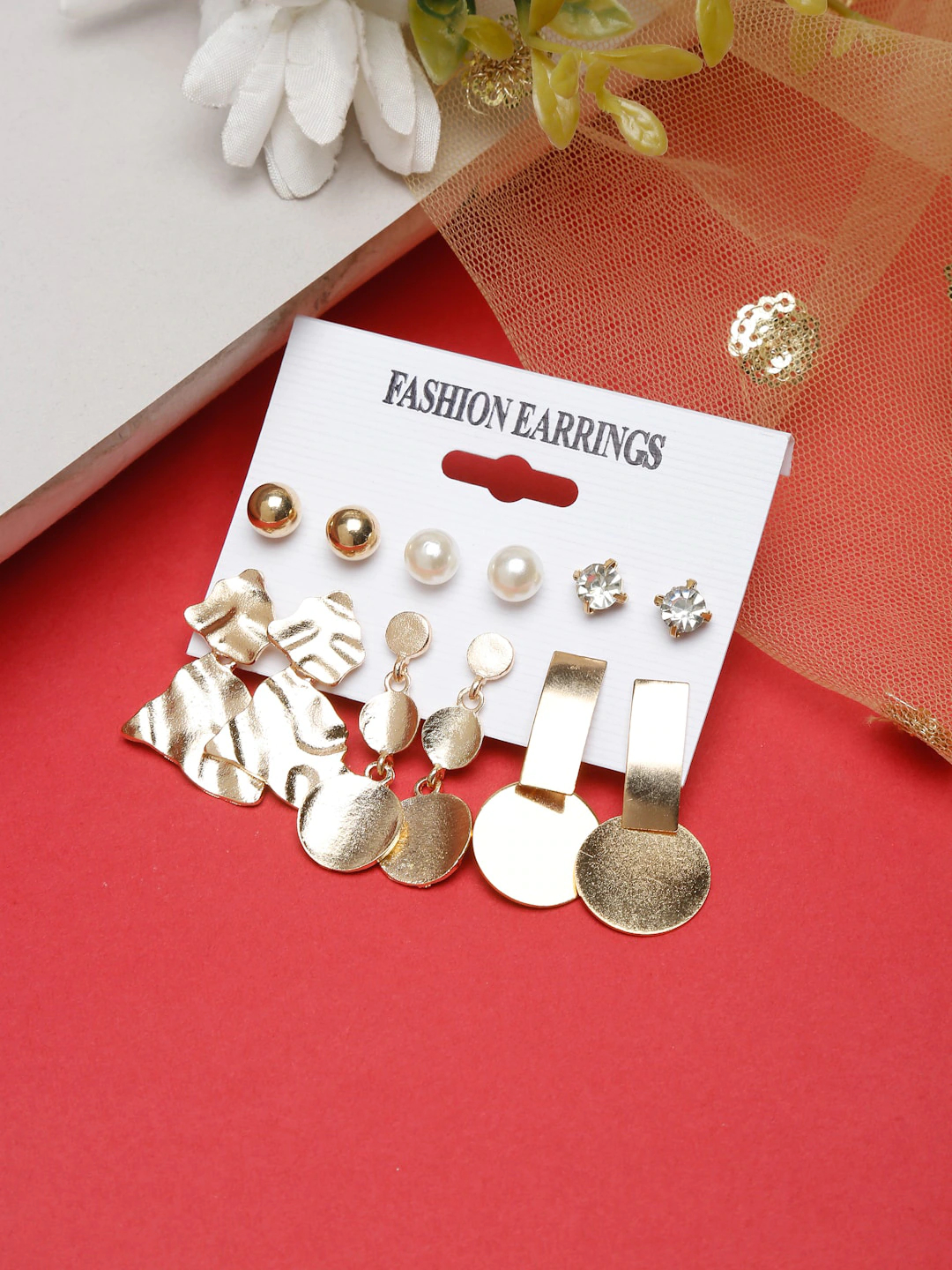 Set Of 12 Gold-Toned & White Contemporary Studs Earrings
