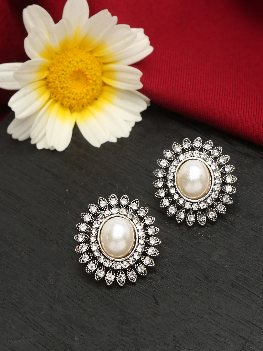YouBella Jewellery Silver Plated Pearl Stud Earrings for Girls and Women (YBEAR_33094) (Silver)