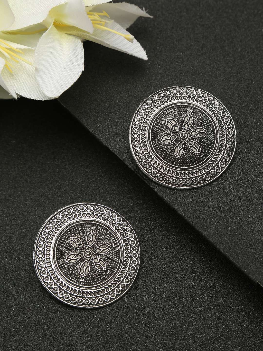 YouBella Fashion Jewellery Oxidised Silver Round Stud Earrings for Girls and Women (Silver) (Style 1)