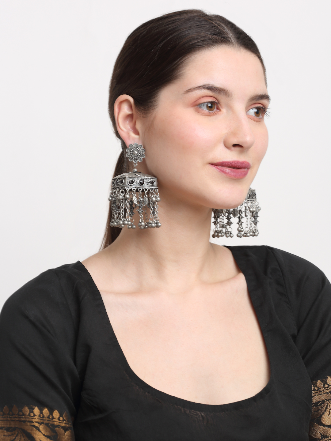 YouBella Jewellery Celebrity Inspired Oxidised Silver Big Size Jhumki Earrings for Girls and Women (Style 1)