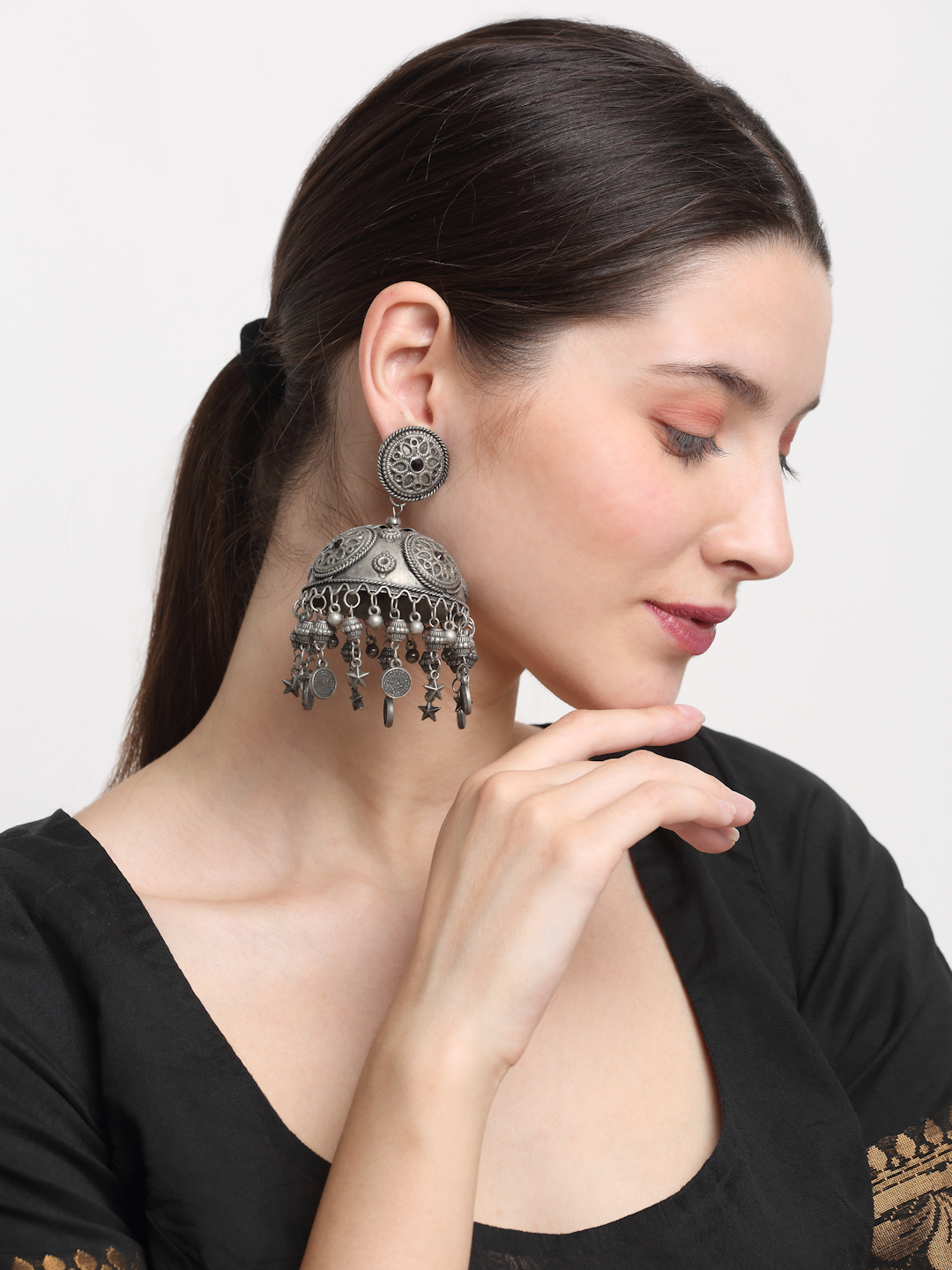 YouBella Jewellery Celebrity Inspired Oxidised Silver Big Size Jhumki Earrings for Girls and Women (Style 2)