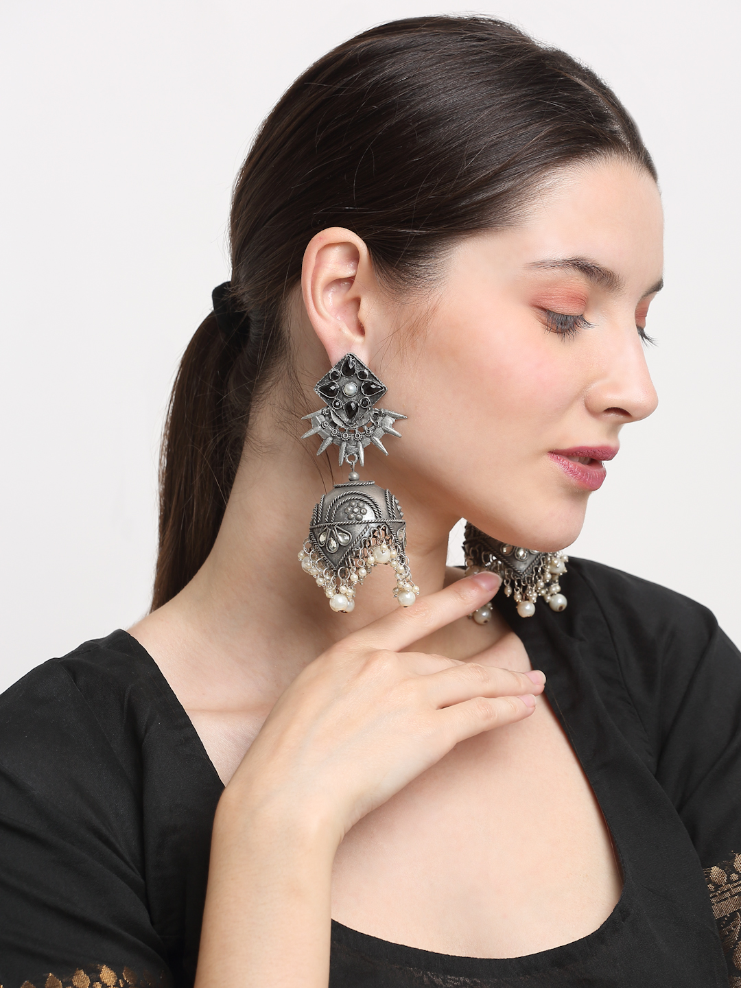 YouBella Jewellery Celebrity Inspired Oxidised Silver Big Size Jhumki Earrings for Girls and Women (Style 4)