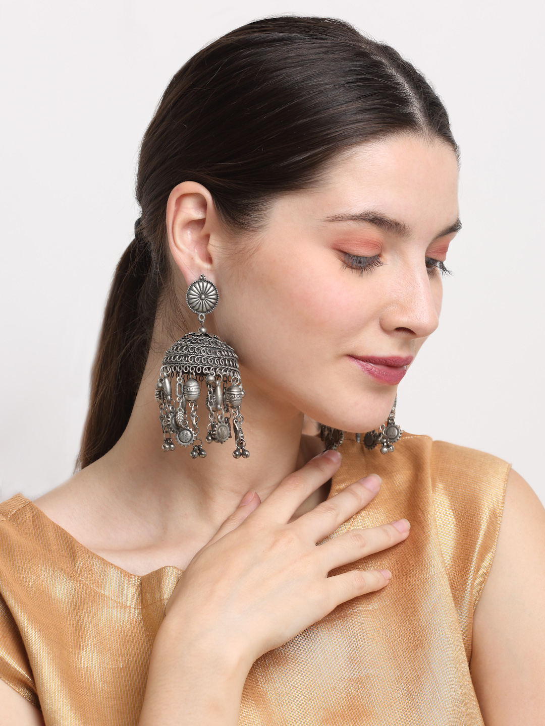 YouBella Jewellery Celebrity Inspired Oxidised Silver Big Size Jhumki Earrings for Girls and Women (Style 1)