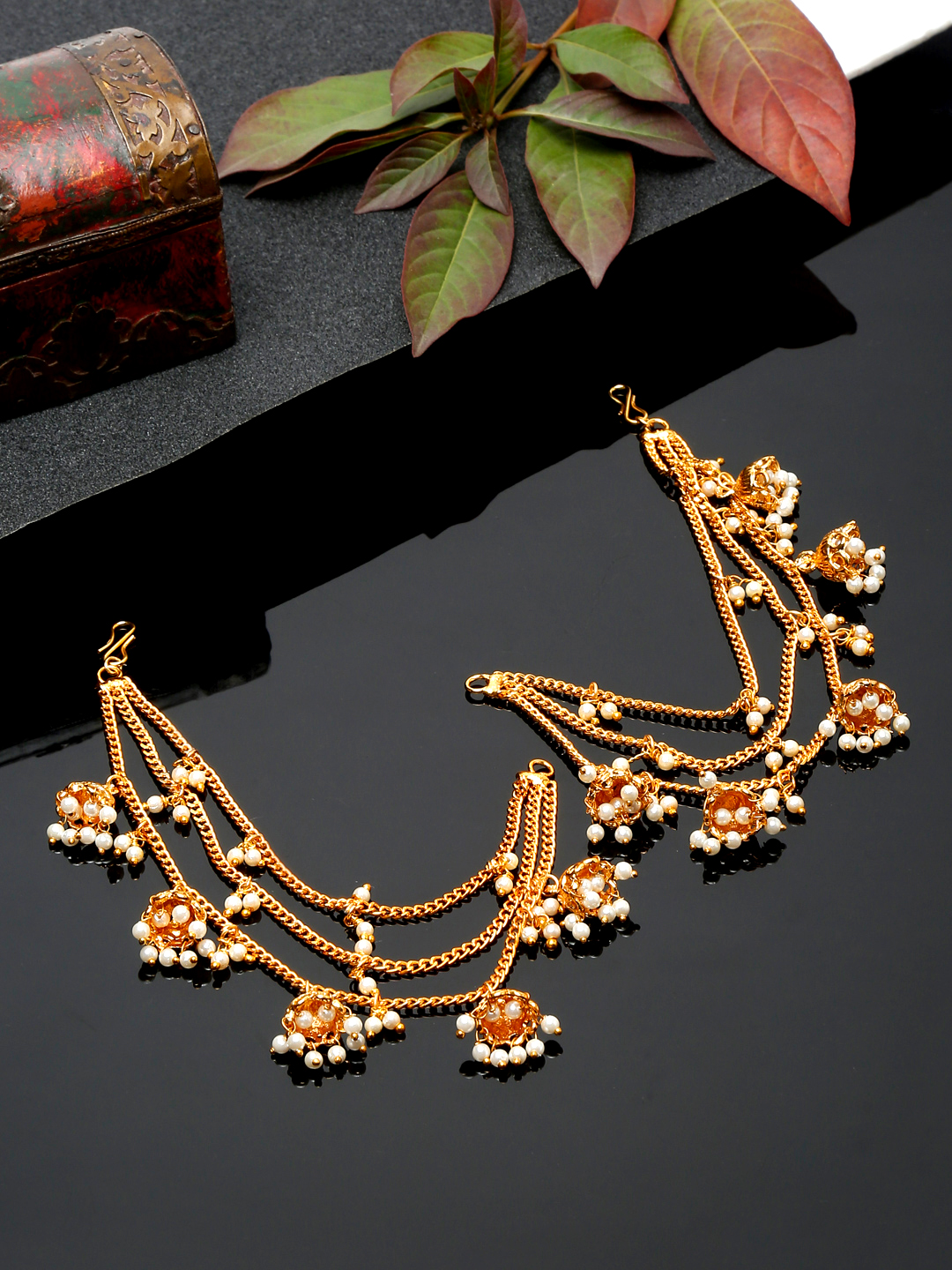 YouBella Jewellery Gold Plated Pearl Studded Earrings Chain for Girls and Women (YBEAR_33355) (Gold)