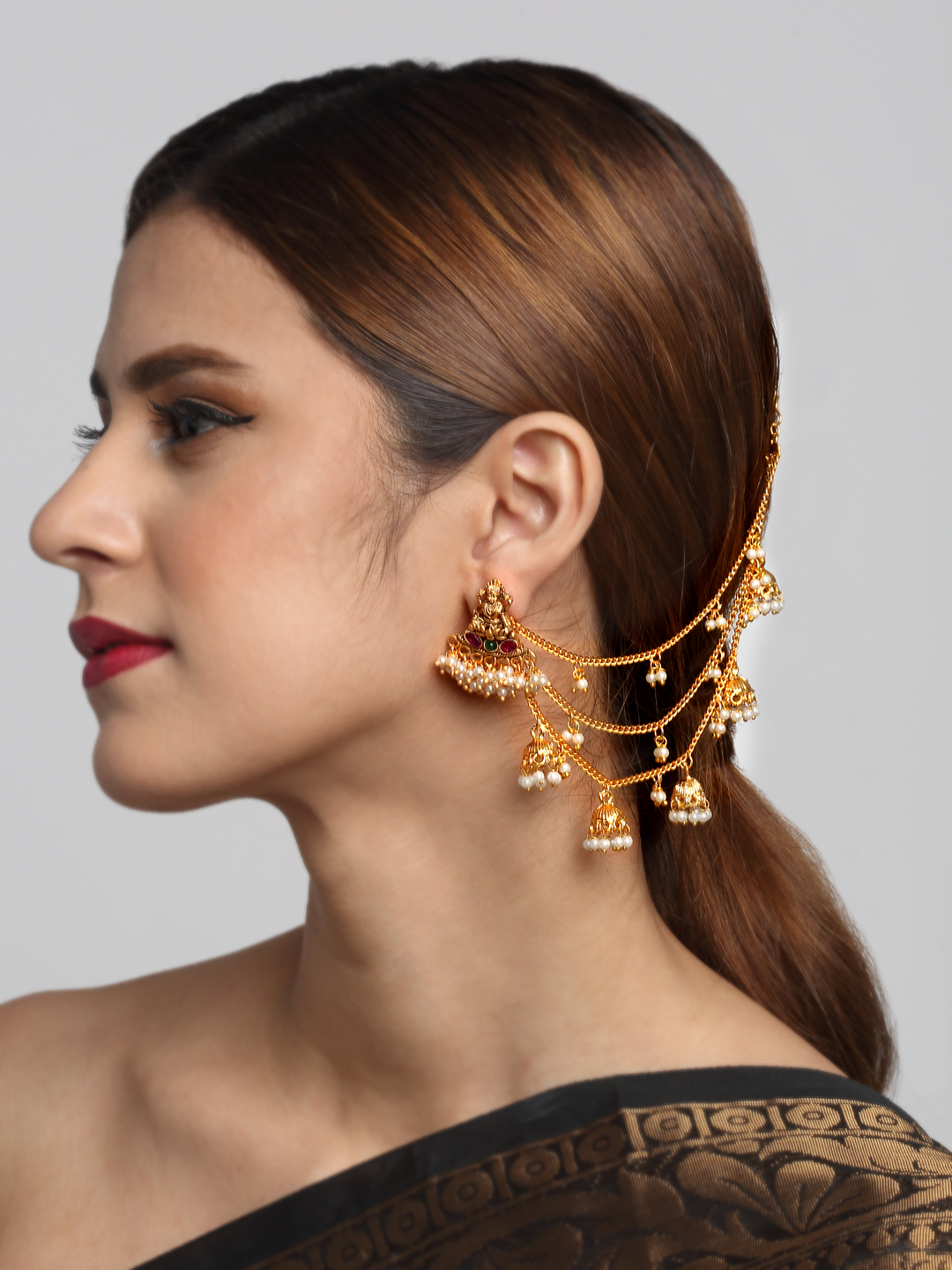 YouBella Jewellery Gold Plated Pearl Studded Earrings Chain for Girls and Women (YBEAR_33355) (Gold)