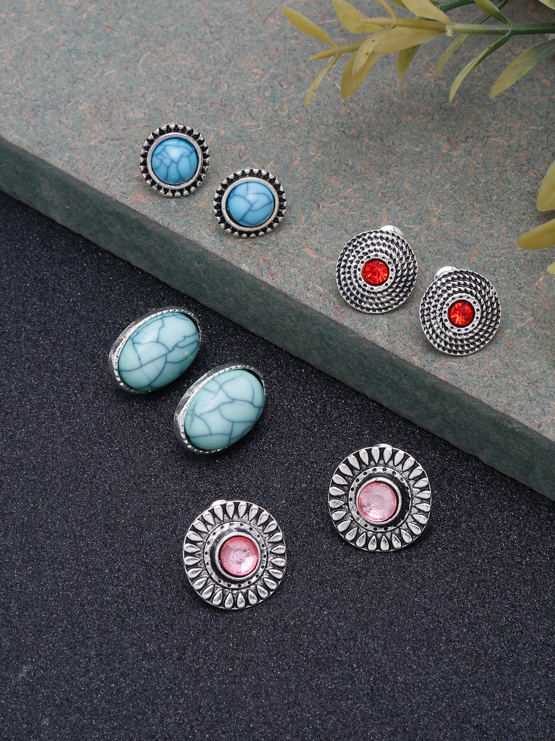 YouBella Jewellery Oxidised Tribal Afghani Stud Tops Earrings Combo for Girls and Women (Multi) (YBEAR_33356)