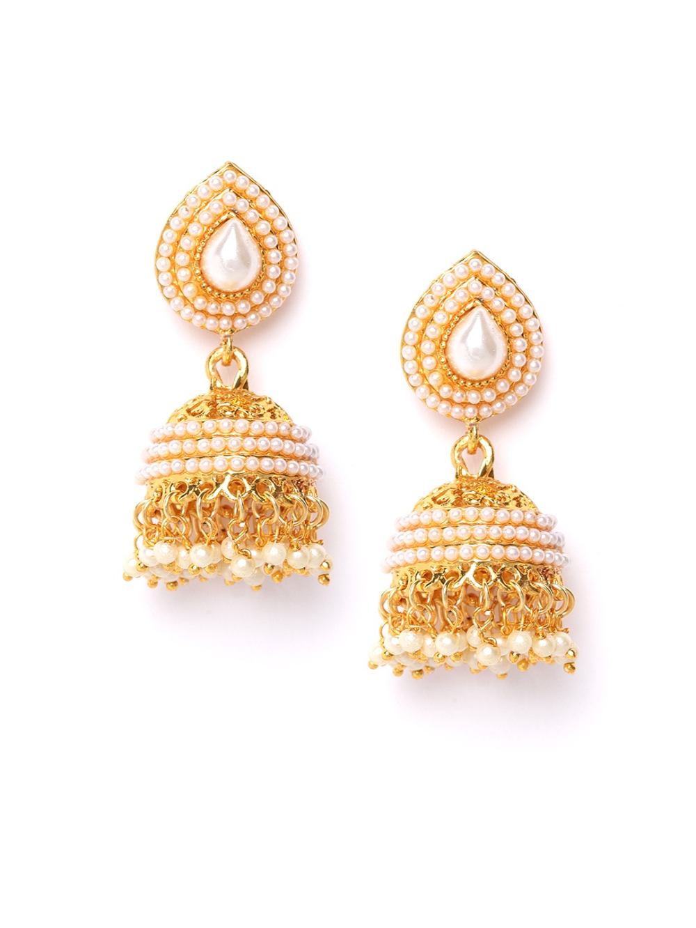 YouBella Off-White Gold-Plated Beaded Dome-Shaped Jhumkas