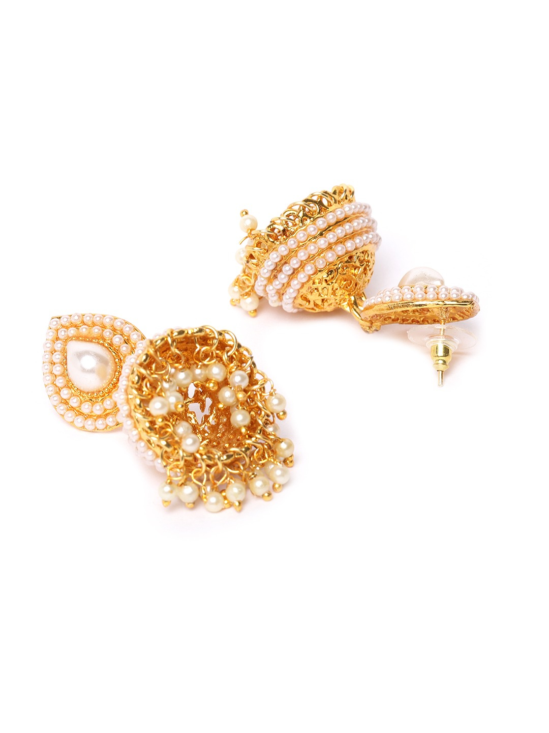YouBella Off-White Gold-Plated Beaded Dome-Shaped Jhumkas