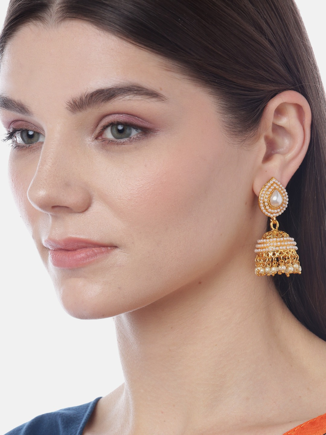 YouBella Off-White Gold-Plated Beaded Dome-Shaped Jhumkas