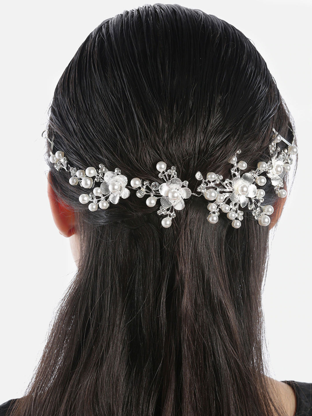YouBella Silver-Toned  Off-White Embellished Floral Hair Accessory