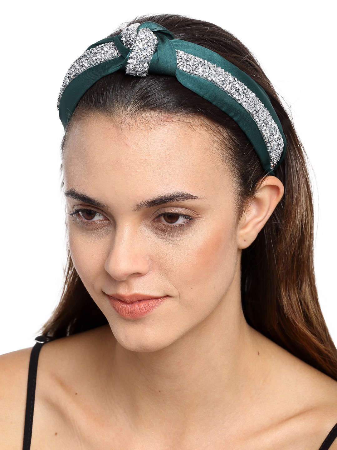 YouBella Hair Jewellery Crystal Studded Knot Shape Hair Band Head Band for Girls and Women (Green)