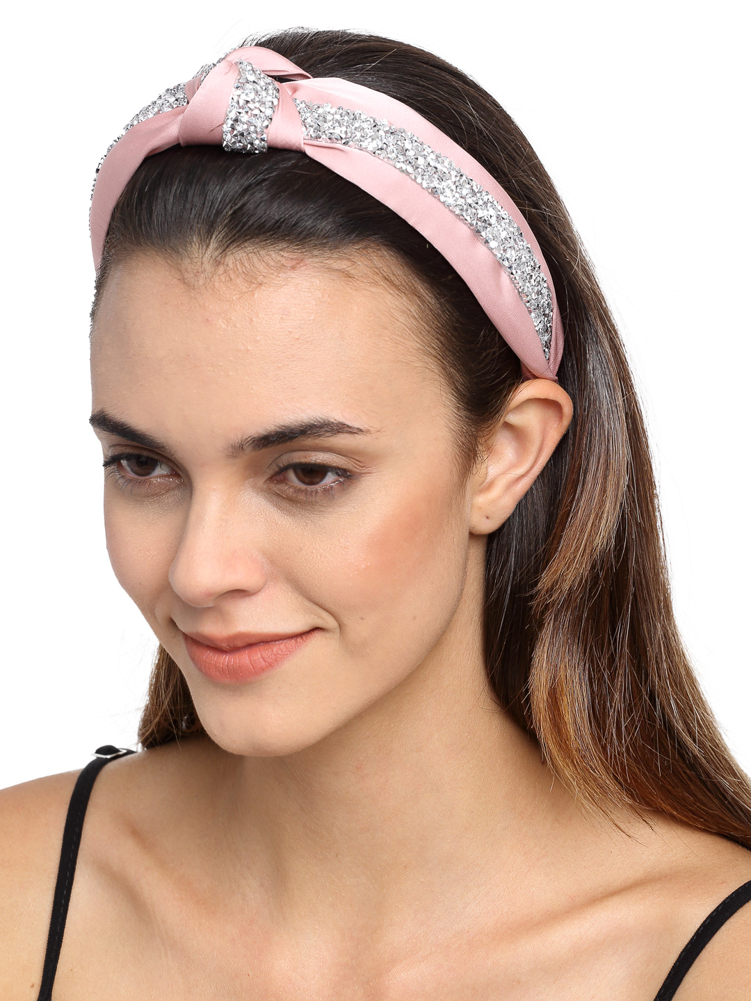 YouBella Hair Jewellery Crystal Studded Knot Shape Hair Band Head Band for Girls and Women (Pink)