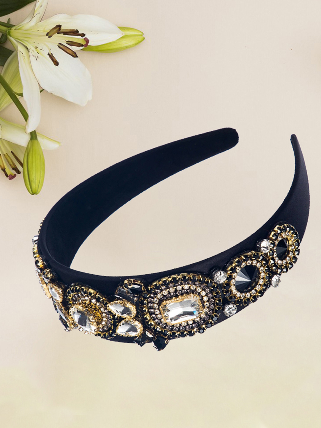 YouBella Hair Jewellery Premium Crystal Studded Hair Band Head Band for Girls and Women (Black)