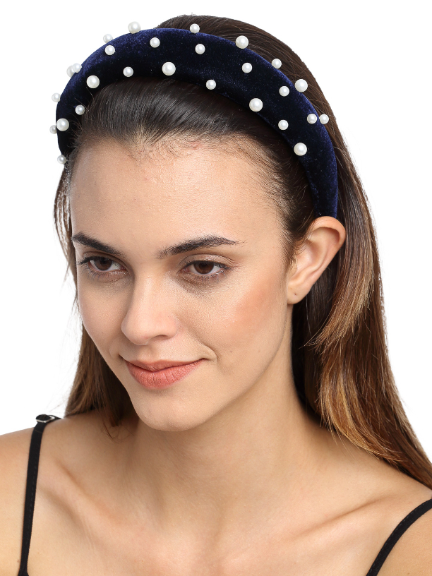 YouBella Navy Blue Pearl Studded Hair Band