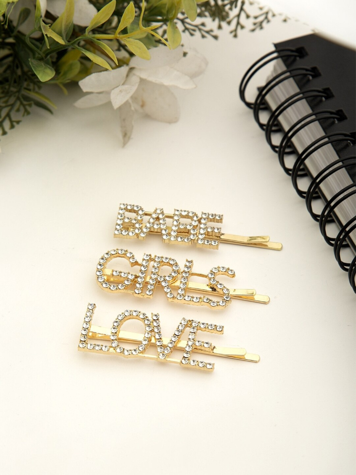 YouBella Gold-Toned & White Set of 3 Embellished Bobby Pins