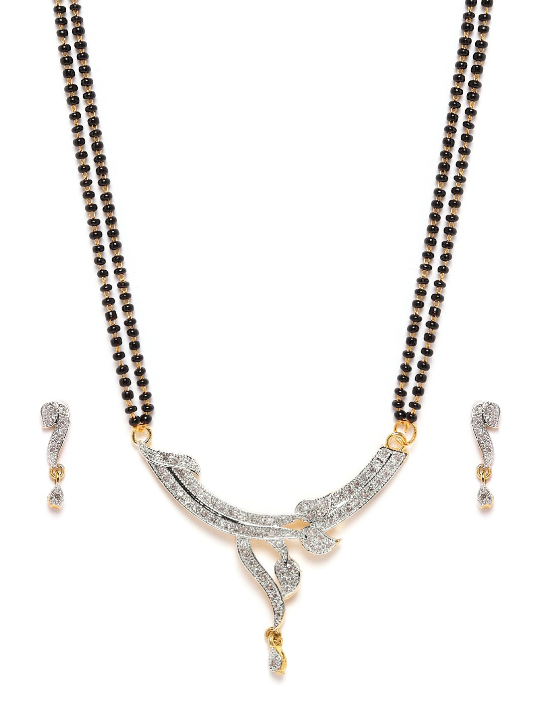 YouBella Black Gold-Plated Stone-Studded  Beaded Dual-Stranded Mangalsutra with Earrings