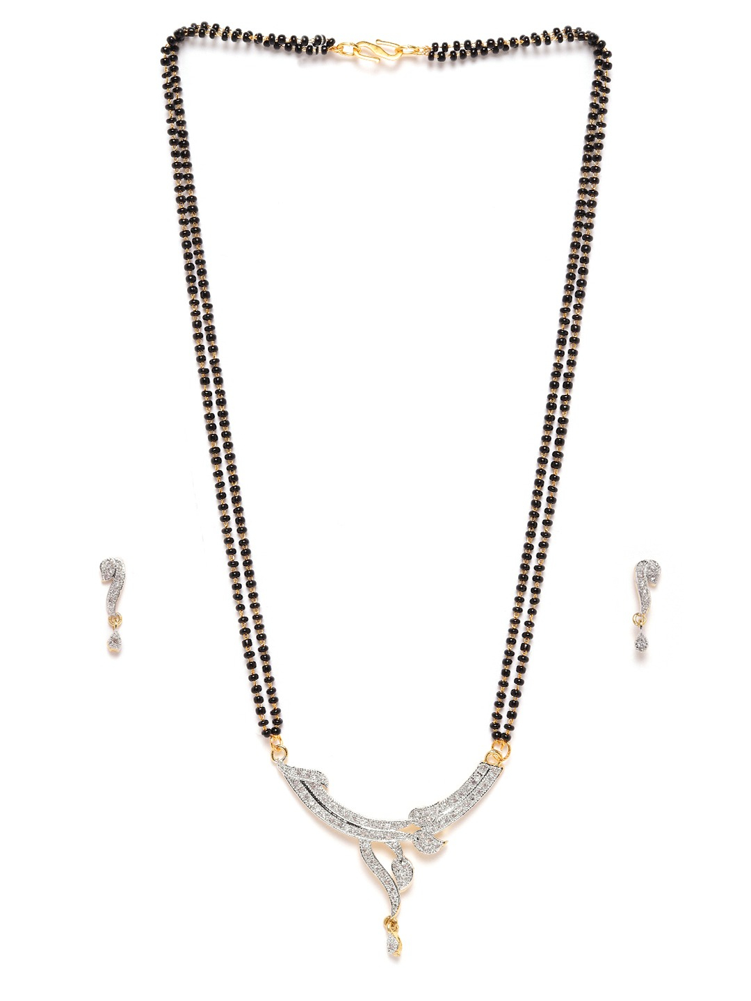 YouBella Black Gold-Plated Stone-Studded  Beaded Dual-Stranded Mangalsutra with Earrings