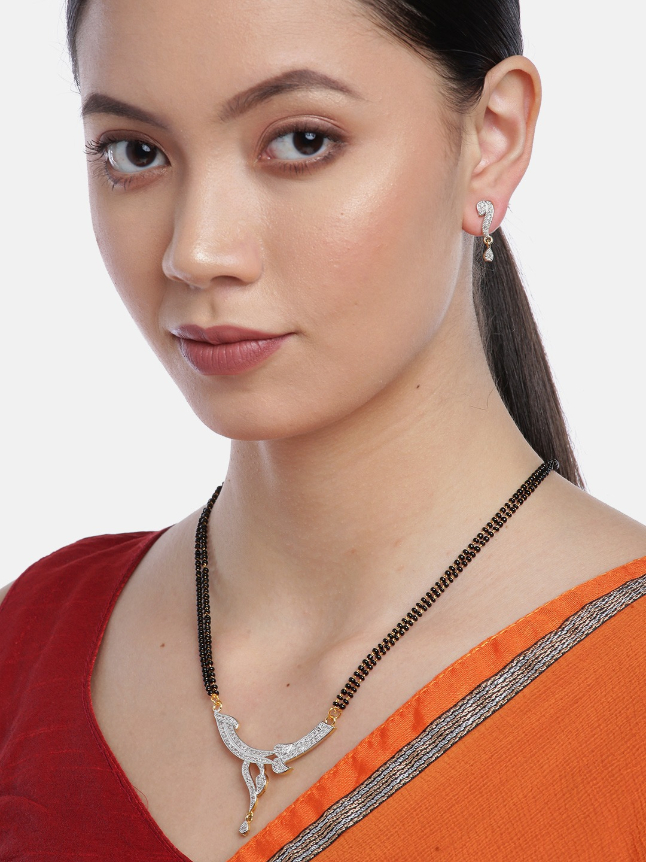 YouBella Black Gold-Plated Stone-Studded  Beaded Dual-Stranded Mangalsutra with Earrings