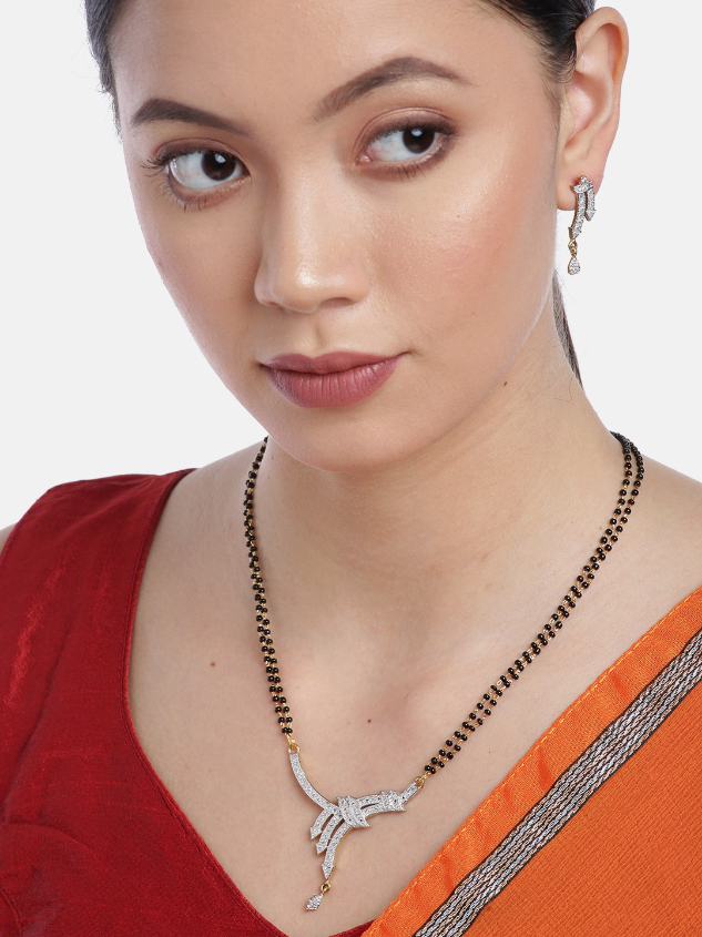 YouBella Black Gold-Plated Stone-Studded  Beaded Mangalsutra with Earrings