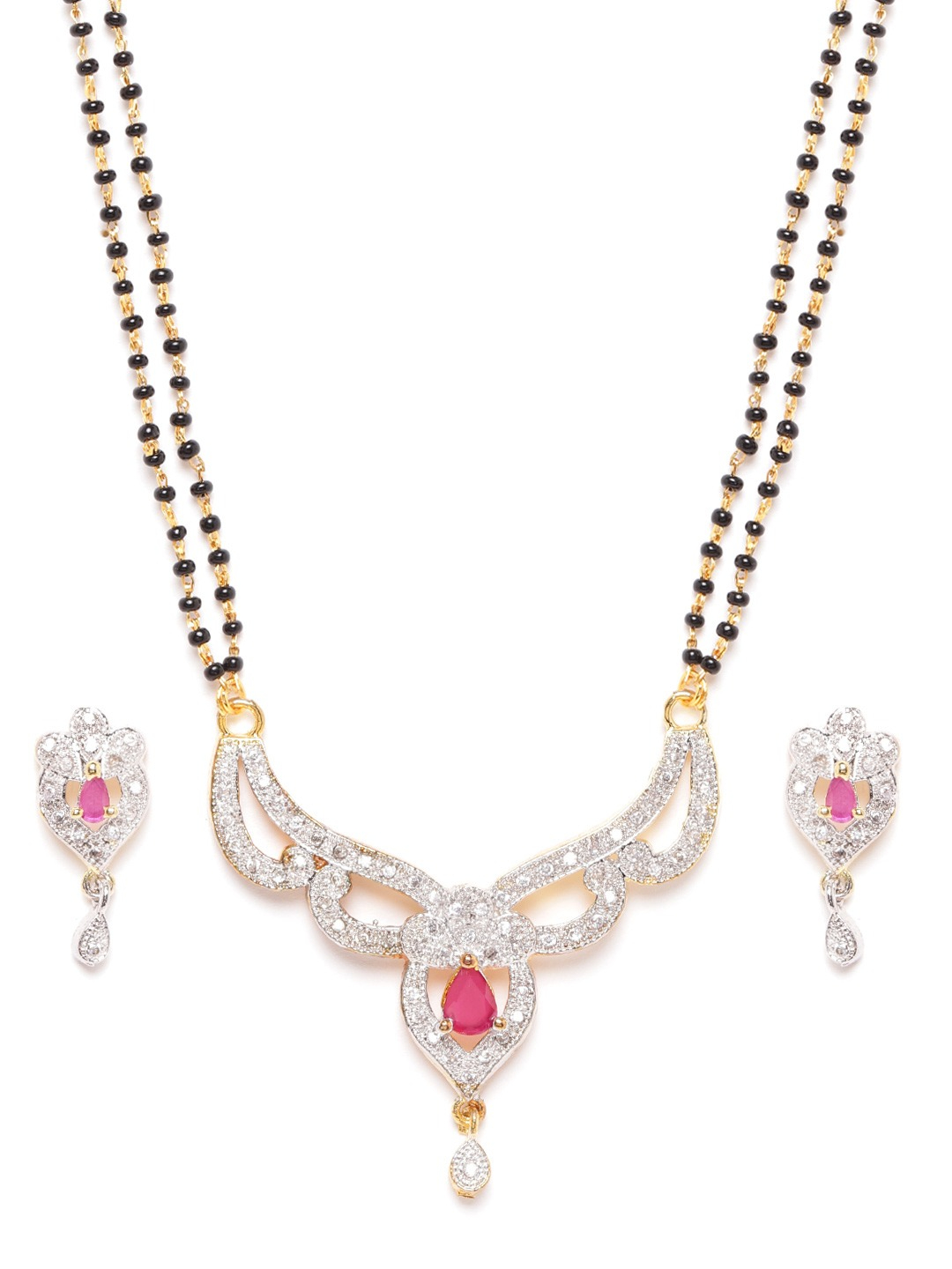 YouBella Black Pink Gold-Plated Beaded  Stone-Studded Mangalsutra  Earrings Set