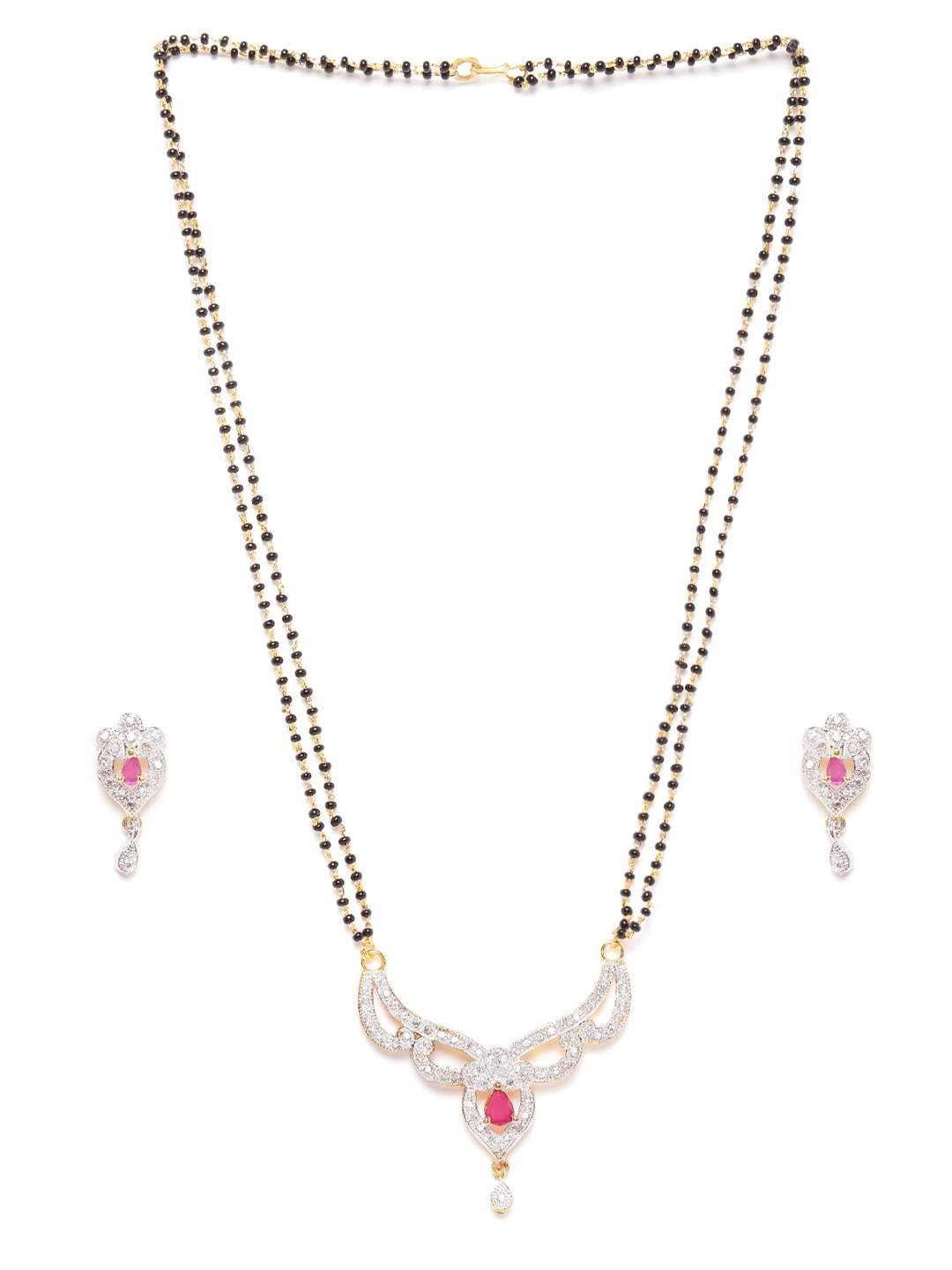YouBella Black Pink Gold-Plated Beaded  Stone-Studded Mangalsutra  Earrings Set
