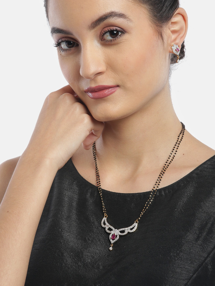 YouBella Black Pink Gold-Plated Beaded  Stone-Studded Mangalsutra  Earrings Set