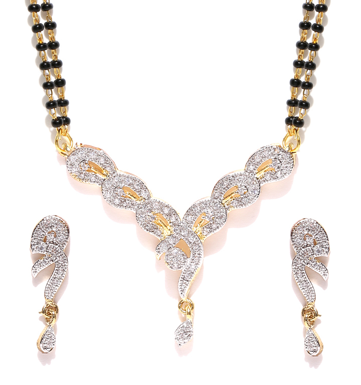 YouBella Women's Pride American Diamond Gold Plated Mangalsutra Pendant with Chain and Earrings for Women