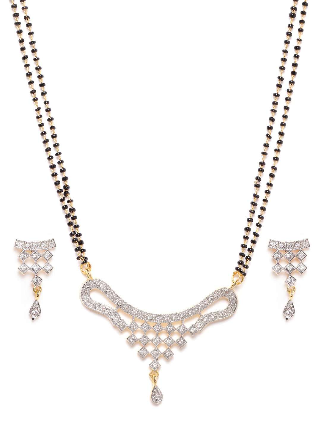 YouBella Black Gold-Plated Stone-Studded  Beaded Dual-Stranded Mangalsutra with Earrings