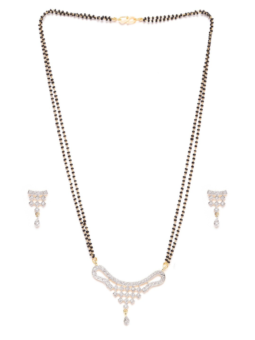 YouBella Black Gold-Plated Stone-Studded  Beaded Dual-Stranded Mangalsutra with Earrings
