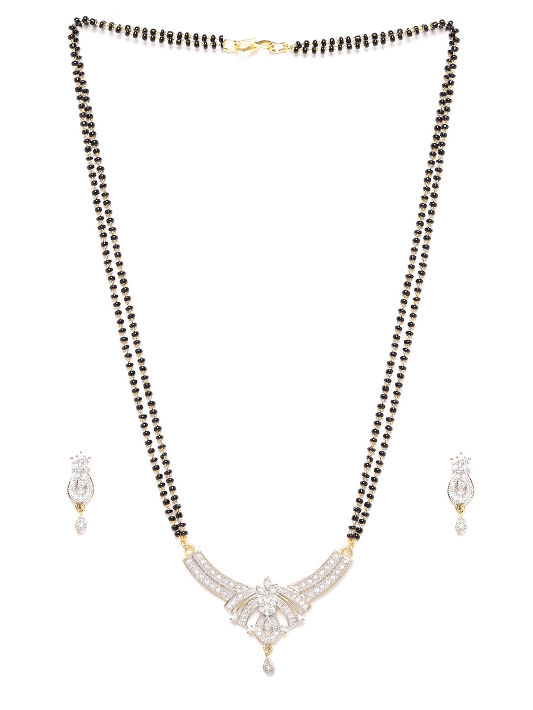 YouBella Black Gold-Plated Stone-Studded  Beaded Dual-Stranded Mangalsutra with Earrings