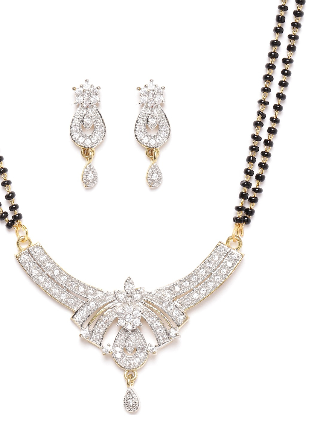 YouBella Black Gold-Plated Stone-Studded  Beaded Dual-Stranded Mangalsutra with Earrings